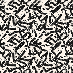 Graffiti pattern. Vector abstract seamless texture with paint splashes, chaotic shapes, strokes, lines, dots. Ink spray grunge background. Urban art. Modern black and white painting. All-over design