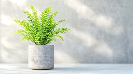 Bright Green Fern in a Textured Grey Pot Against a Grey Wall