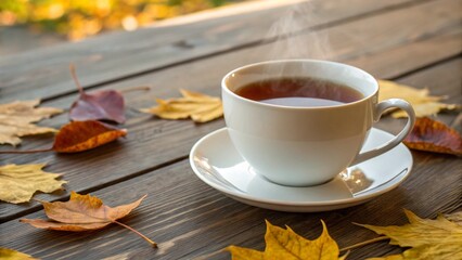 Hot coffee or tea in a mug on a wooden table, surrounded by autumn leaves, evokes a cozy morning aroma