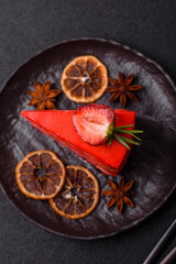 A piece of red velvet cake as a food background. Sweet pastries for celebration
