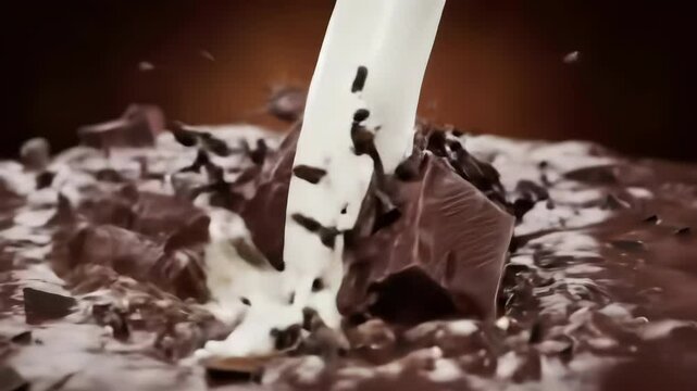 Slow Motion Chocolate Splash with Milk Pouring into Glass Bottle &ndash; Cinematic CGI Beverage Concept. chocolate milk mockup.