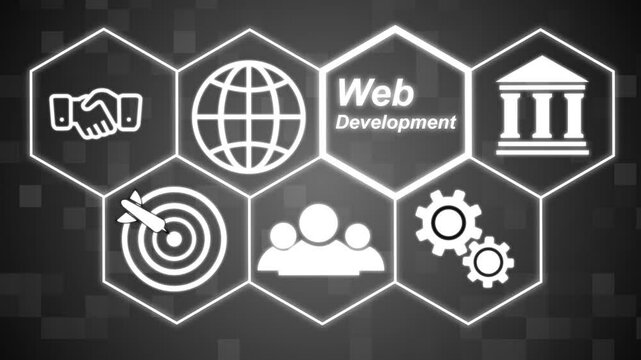 A Web Development concept button on a futuristic ,beautiful abstract wave technology background, white flickering dots on technology background.