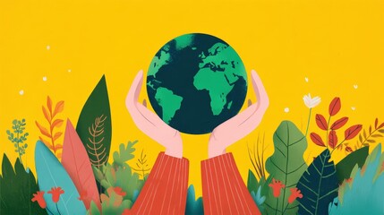Naklejka premium Hands Holding Earth Surrounded by Colorful Leaves and Flowers on Bright Yellow Background Representing Nature and Environmental Awareness