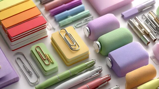 Pastel Office Supplies Still Life: A Delightful Arrangement of Pens, Paperclips, and Notepads