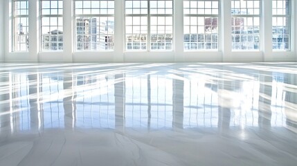 Bright Modern Office Interior with City View and Sunlight Reflections