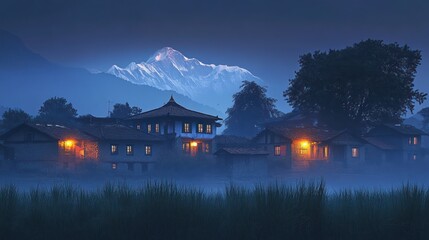 Obraz premium Misty village at dawn with snow-capped mountain