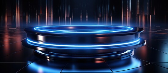 Empty round podium with blue neon light in dark room. Sci-Fi Blue Circular Platform