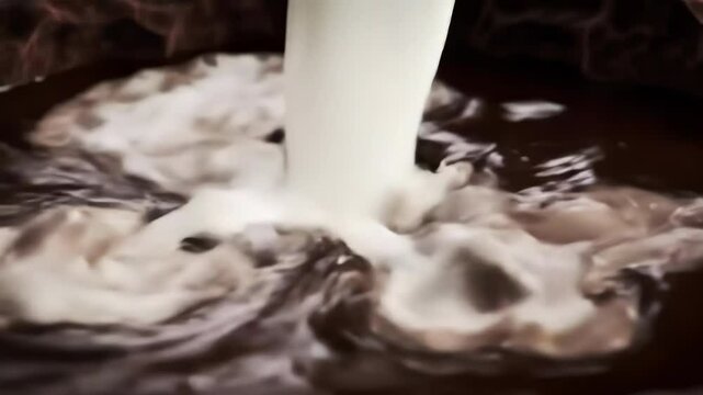 Slow Motion Chocolate Splash with Milk Pouring into Glass Bottle &ndash; Cinematic CGI Beverage Concept. chocolate milk mockup.