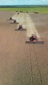 Technology, planting, industry, nature, drone, machines, harvesters, grain, soy, corn, farm, producers.