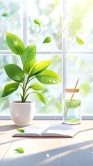 Bright Sunlight Illuminates Green Plant Beside Open Notebook and Glass of Water on Wooden Table