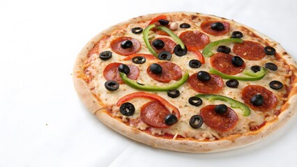 Gourmet Pepperoni Pizza with Black Olives and Green Bell Peppers on White