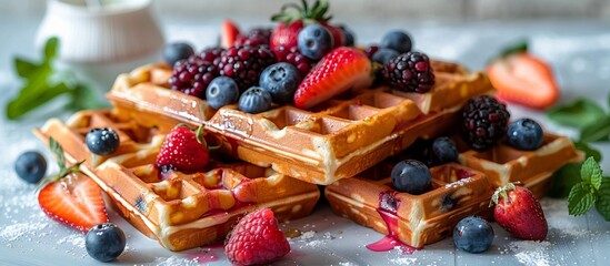 Delicious Breakfast Waffles with Fresh Berries and Syrup on a Bright Morning
