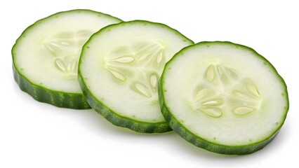 Pile of Crisp Green Cucumber Slices on Pure White Background for Ingredient Showcase