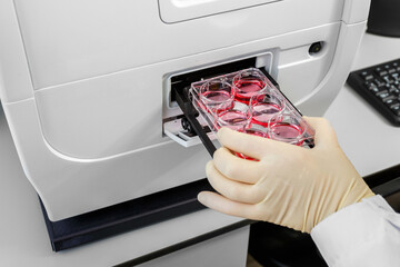 A gloved hand loads a multiwell plate with red samples into a laboratory analyzer.