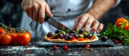 Chef Preparing a Delicious Pizza with Olives