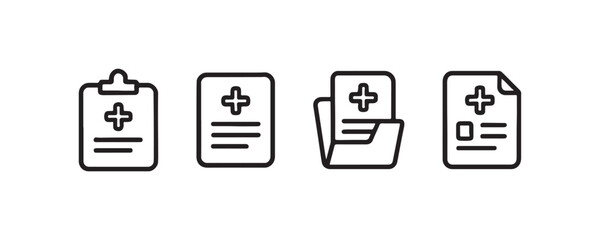 Medical document icons: clipboard, paper, folder, file - healthcare record symbols.