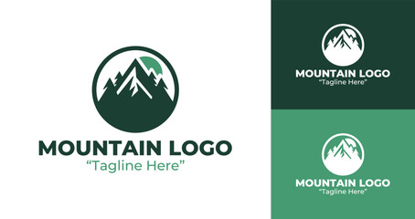 Outdoor Adventure Branding with Mountain Peak Logo Design in Green and White Colors