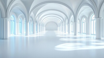 Bright White Minimalist 3D Render of a Grand Hall with Columns and Arches
