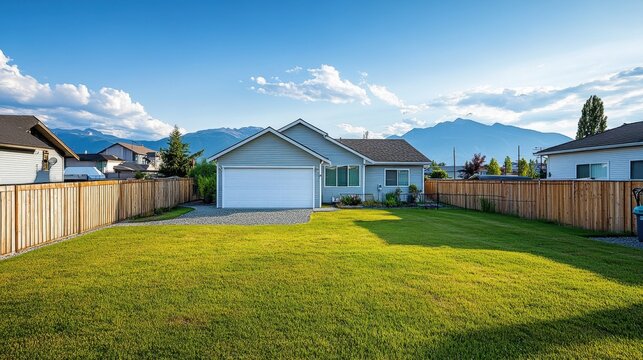 Exterior of duplex homes in suburban neighborhood with uniform fences and green lawns