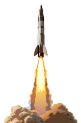 vector of missile launching into air with smoke plume and fire trail, isolated on white
