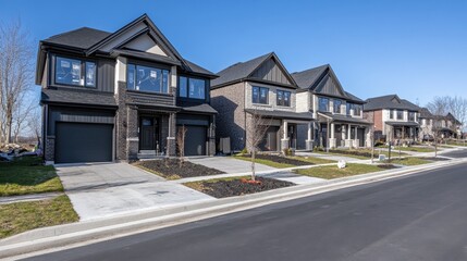 Housing units in row with identical facades and driveways, ready for final inspection