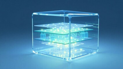 Captivating transparent layers of advanced circuit boards and glowing components represent cutting-edge technology, AI, and data processing. This abstract digital illustration signifies innovation, co