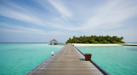 Obraz premium Tropical Island Paradise With Pier and Azure Ocean