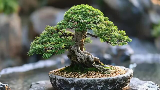 Miniature, meticulously crafted bonsai tree in a stone pot.  Exquisitely shaped and aged branches