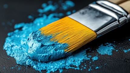 Fototapeta premium Close-up of a paintbrush dipped in vibrant blue paint, with splatters