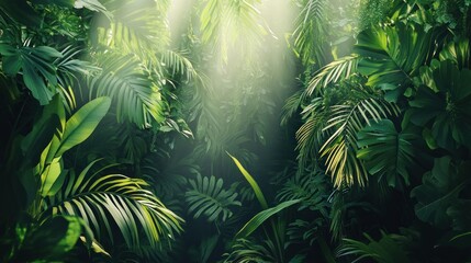 Fototapeta premium Lush green forest backdrop with soft light shining through, background wallpaper AI generated image