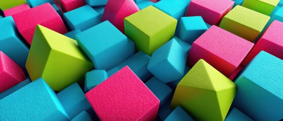 Obraz premium Colorful Geometric Background : 3D cubes and pyramids floating, bright and bold colors of fuchsia, turquoise, and lime green 