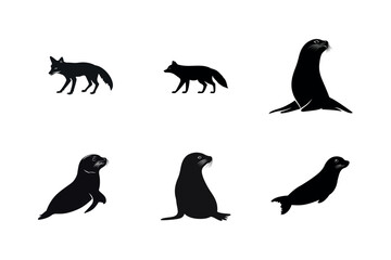 Fox and seal silhouettes wildlife animal set