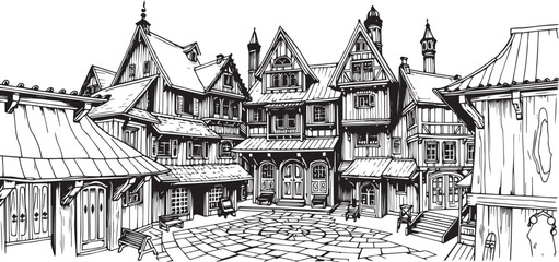 Obraz premium Old Town Landscape. Vintage, retro, wood carved patterns. Hand drawn vector illustration 