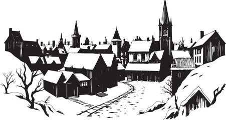 Fototapeta premium Old Town Landscape. Vintage, retro, wood carved patterns. Hand drawn vector illustration 