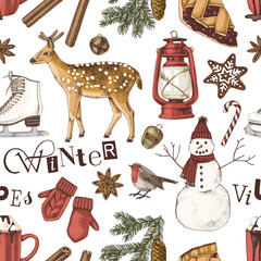Winter vibes hand drawn seamless pattern