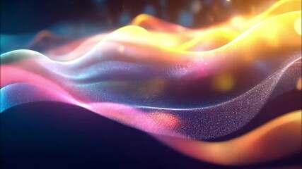 Glowing abstract colorful waves of light flowing in slow motion with bokeh particles, futuristic energy background animation in vibrant blue, pink, and golden tones - Powered by Adobe