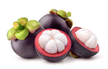 Fresh mangosteen with cut in half isolated on white background. 
