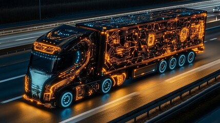 Futuristic autonomous truck on highway at night.  Advanced transportation technology