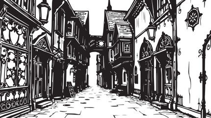 Old Town Landscape. Vintage, retro, wood carved patterns. Hand drawn vector illustration	