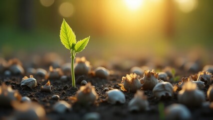 Un brote verde vibrante y solitario, con su tallo tierno y sus hojas extendiéndose hacia el cielo, crece desafiante