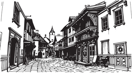Old Town Landscape. Vintage, retro, wood carved patterns. Hand drawn vector illustration	