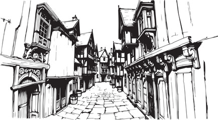 Old Town Landscape. Vintage, retro, wood carved patterns. Hand drawn vector illustration	