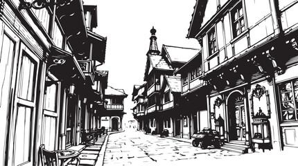 Obraz premium Old Town Landscape. Vintage, retro, wood carved patterns. Hand drawn vector illustration 