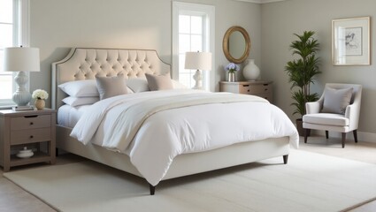 Amplio dormitorio principal con una cama con cabecera capiton&eacute;, alfombra neutra y un elegante sill&oacute;n de terciopelo en gris suave