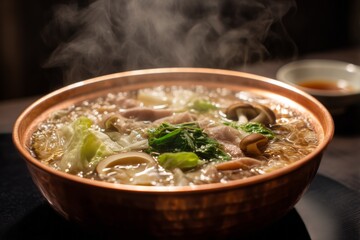 Sizzling Copper Pot Hot Pot with Beef, Cabbage, and Mushrooms in Oily Broth – 4K Photorealistic Asian Cuisine, Steam & Ingredient Texture for Food Blogs, Restaurant Menus, and Culinary Marketing