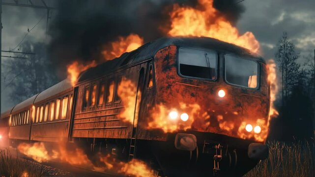 A passenger train is fully engulfed in flames as it derails.