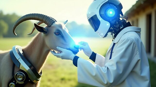 Interaction between AI and goat in serene outdoor setting with soft lighting and gentle movements