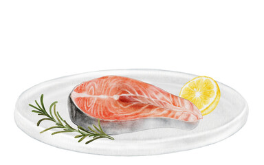 Salmon steak on a white plate watercolor. Hand drawn red fish fillet with lemon and rosemary on white background. Food clip art. Ideal for farm fish packaging design, restaurant menus and culinary