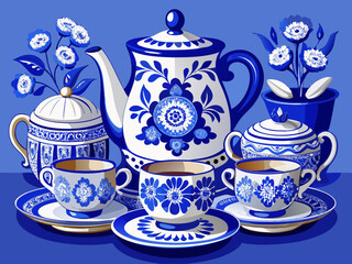 vector of A beautiful blue and white porcelain tea set set on a table that showcases intricate floral designs and handicrafts...