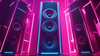 A set of tower speakers with neon light lines, shining in sync with the music. background wallpaper AI generated image